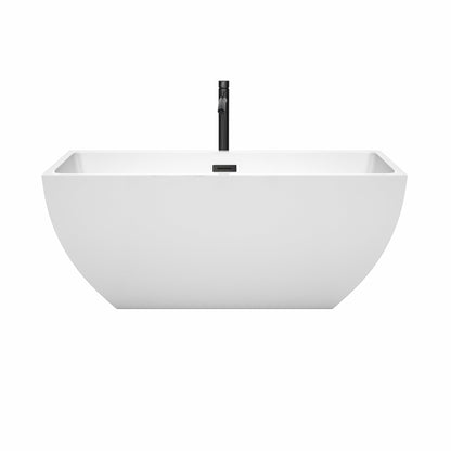 Wyndham Collection Rachel 59" Freestanding Bathtub in White With Floor Mounted Faucet, Drain and Overflow Trim in Matte Black