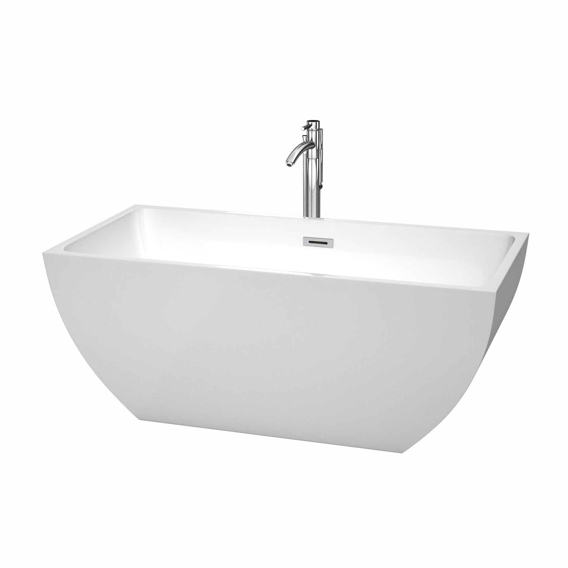 Wyndham Collection Rachel 59" Freestanding Bathtub in White With Floor Mounted Faucet, Drain and Overflow Trim in Polished Chrome