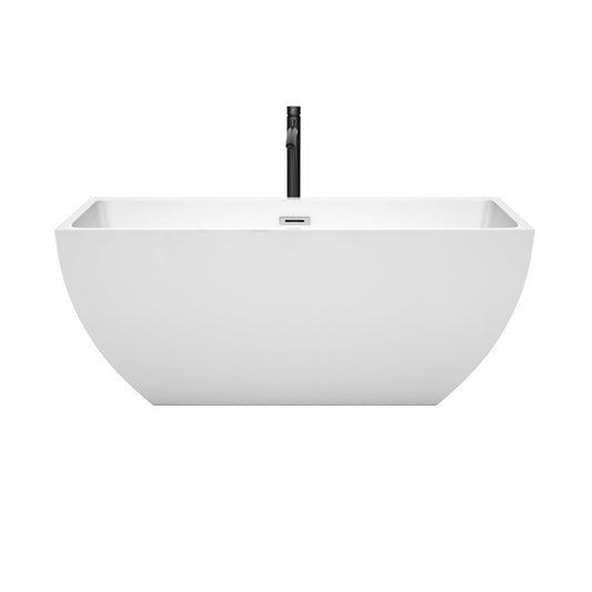 Wyndham Collection Rachel 59" Freestanding Bathtub in White With Polished Chrome Trim and Floor Mounted Faucet in Matte Black