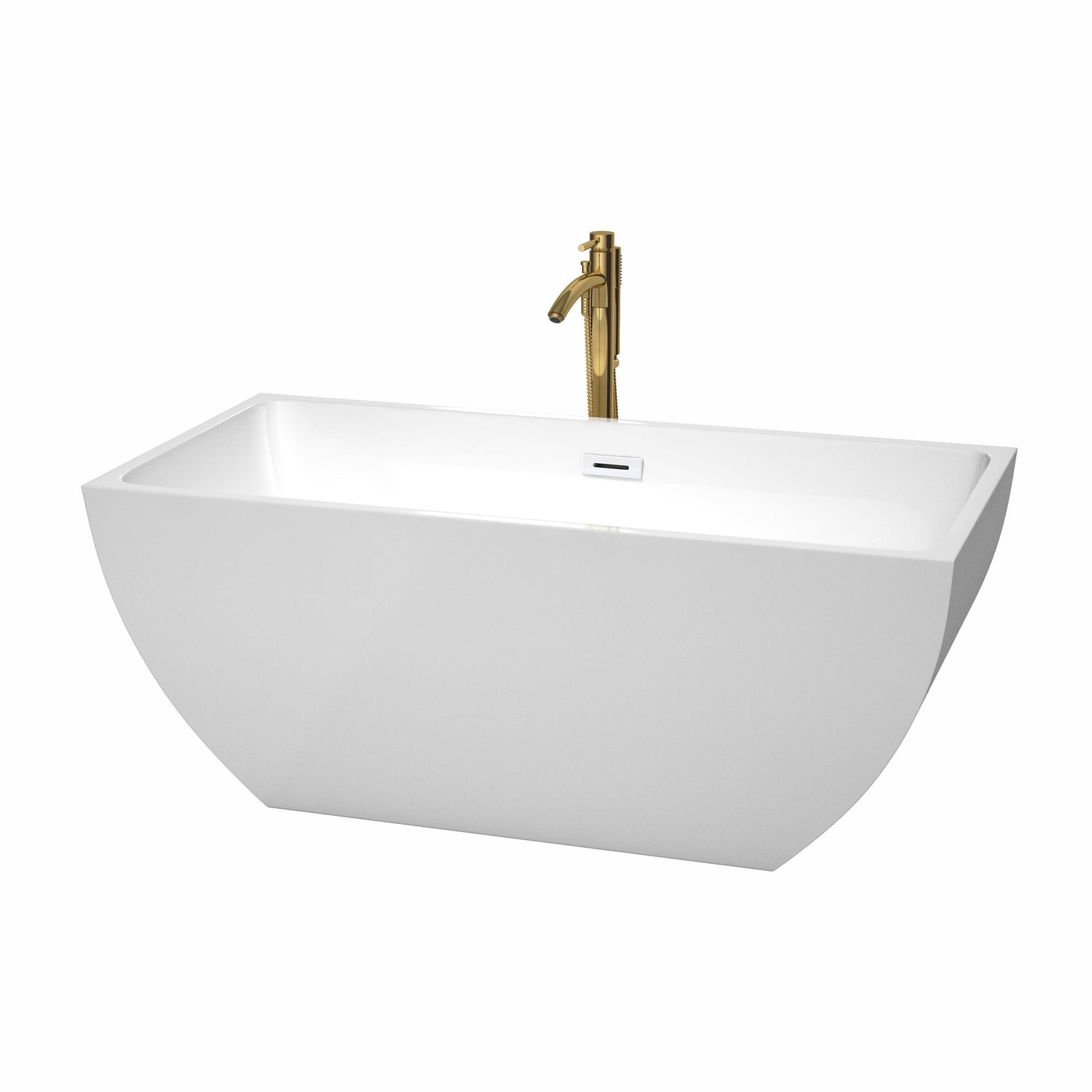 Wyndham Collection Rachel 59" Freestanding Bathtub in White With Shiny White Trim and Floor Mounted Faucet in Brushed Gold