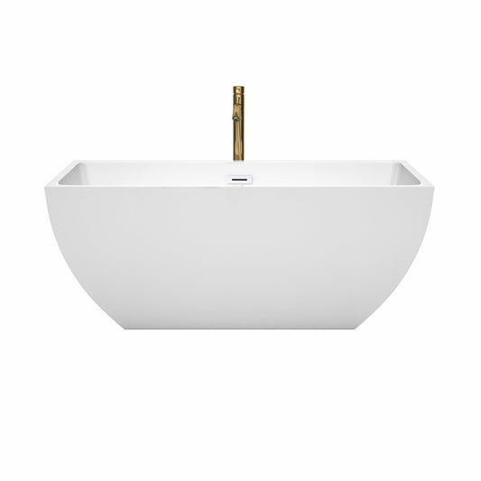 Wyndham Collection Rachel 59" Freestanding Bathtub in White With Shiny White Trim and Floor Mounted Faucet in Brushed Gold