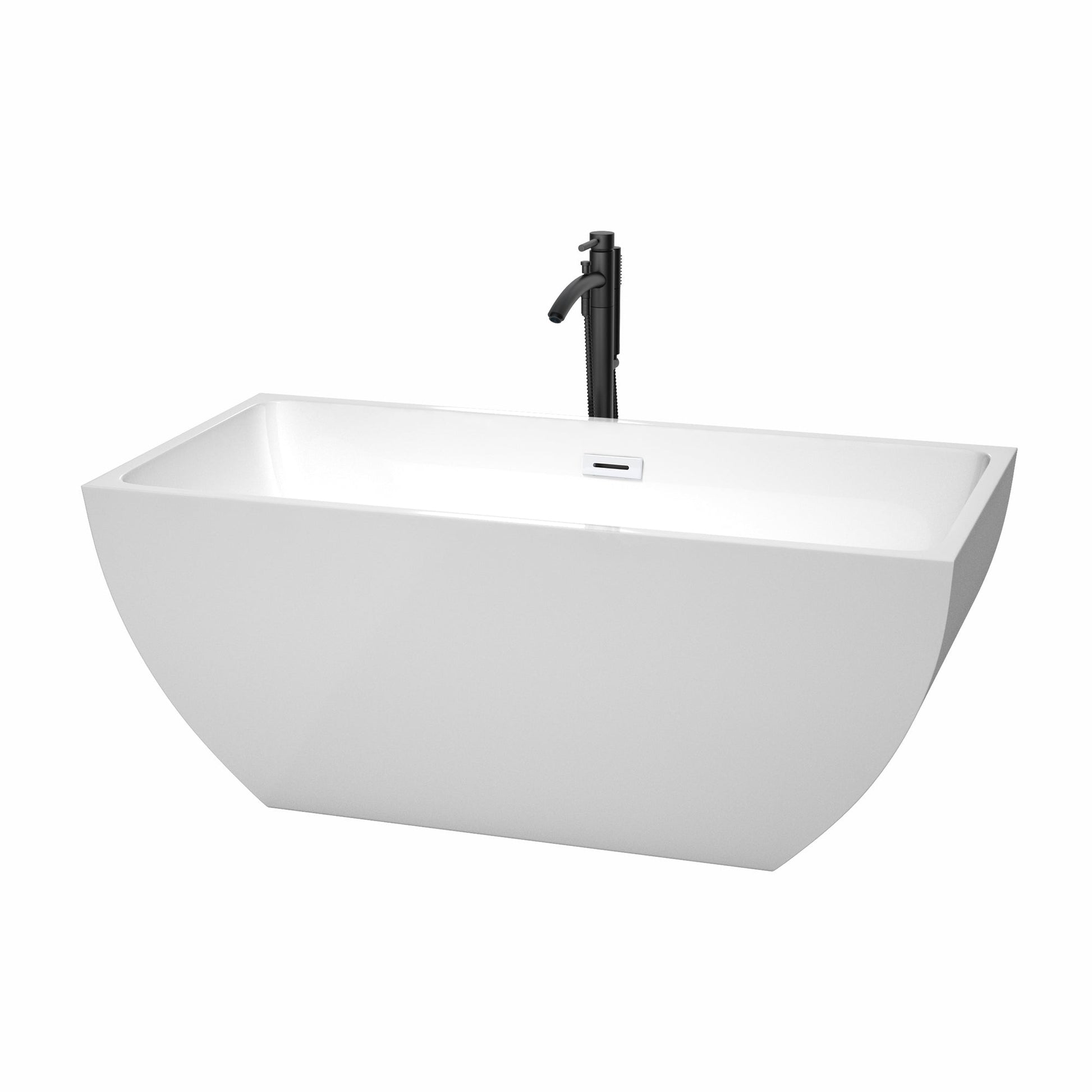 Wyndham Collection Rachel 59" Freestanding Bathtub in White With Shiny White Trim and Floor Mounted Faucet in Matte Black