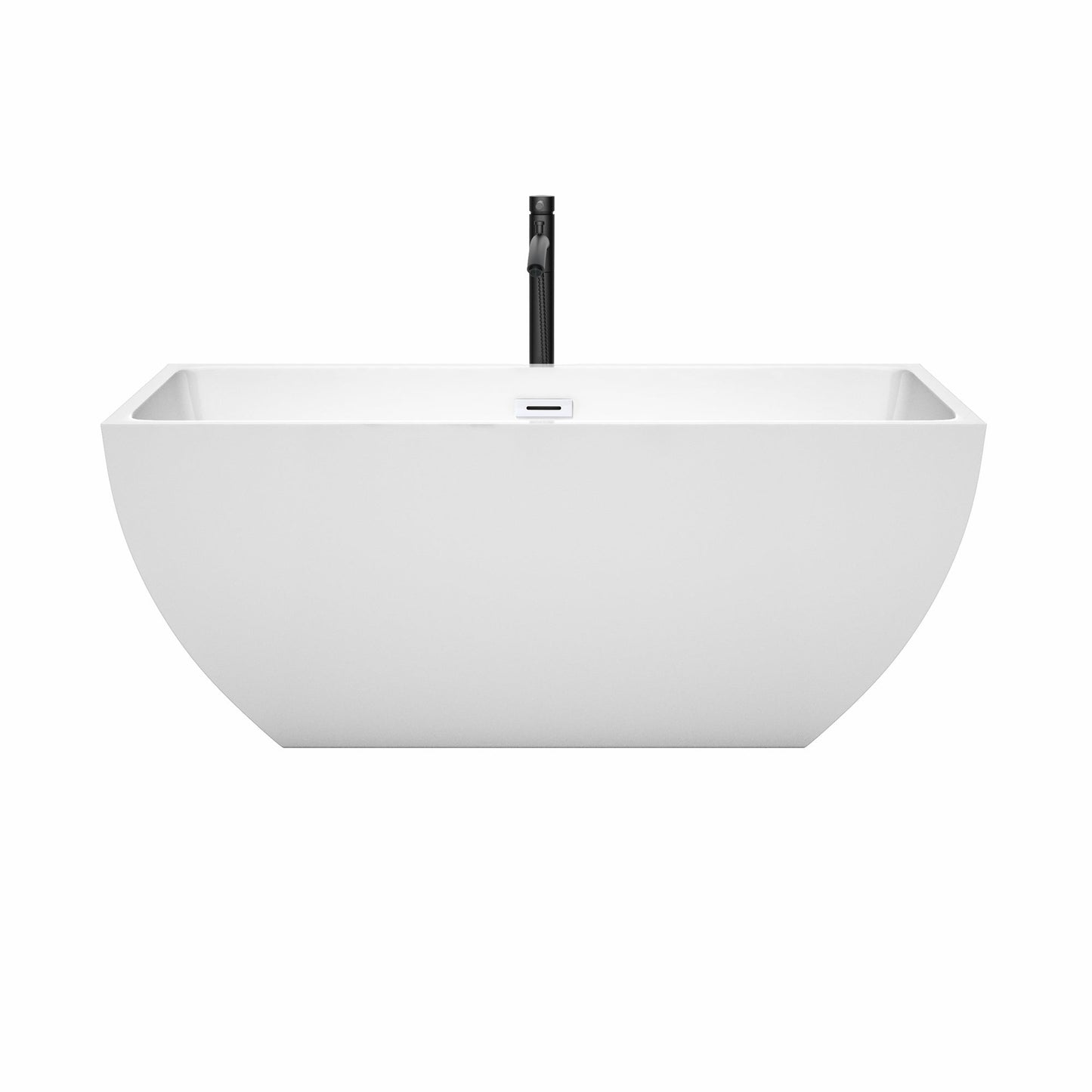 Wyndham Collection Rachel 59" Freestanding Bathtub in White With Shiny White Trim and Floor Mounted Faucet in Matte Black