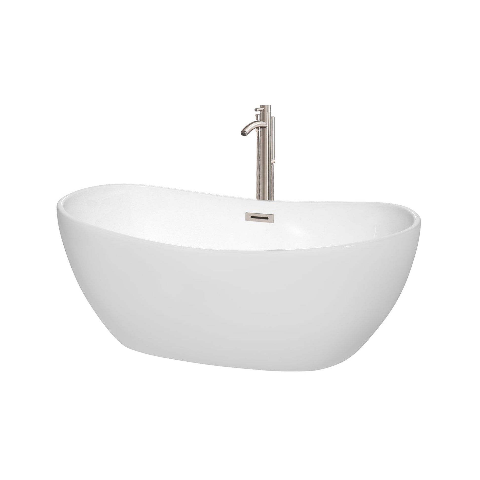 Wyndham Collection Rebecca 60" Freestanding Bathtub in White With Floor Mounted Faucet, Drain and Overflow Trim in Brushed Nickel