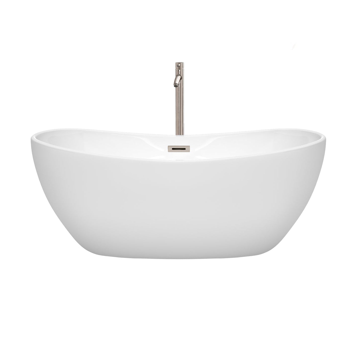 Wyndham Collection Rebecca 60" Freestanding Bathtub in White With Floor Mounted Faucet, Drain and Overflow Trim in Brushed Nickel