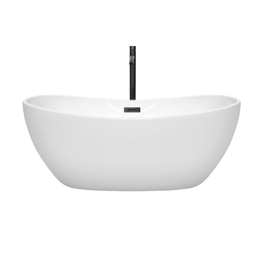 Wyndham Collection Rebecca 60" Freestanding Bathtub in White With Floor Mounted Faucet, Drain and Overflow Trim in Matte Black