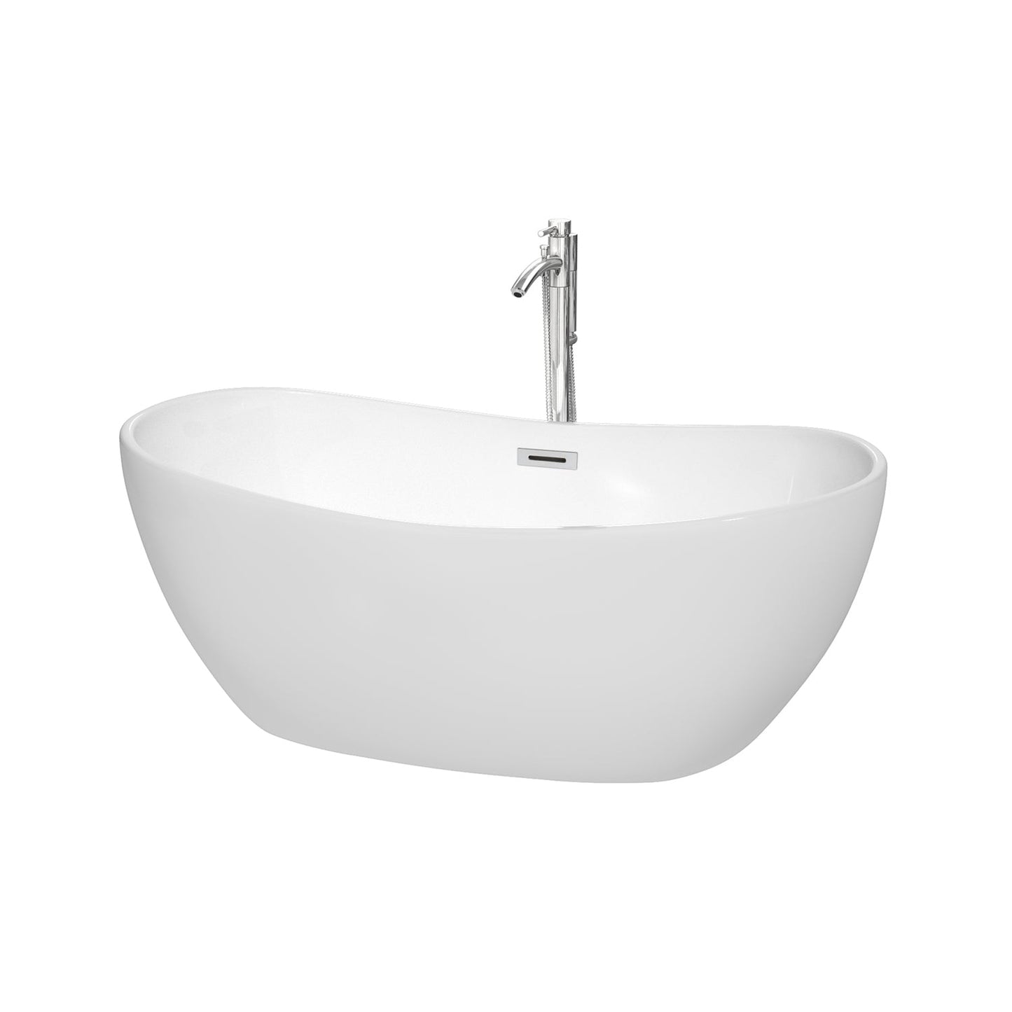 Wyndham Collection Rebecca 60" Freestanding Bathtub in White With Floor Mounted Faucet, Drain and Overflow Trim in Polished Chrome