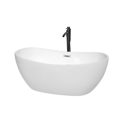 Wyndham Collection Rebecca 60" Freestanding Bathtub in White With Polished Chrome Trim and Floor Mounted Faucet in Matte Black