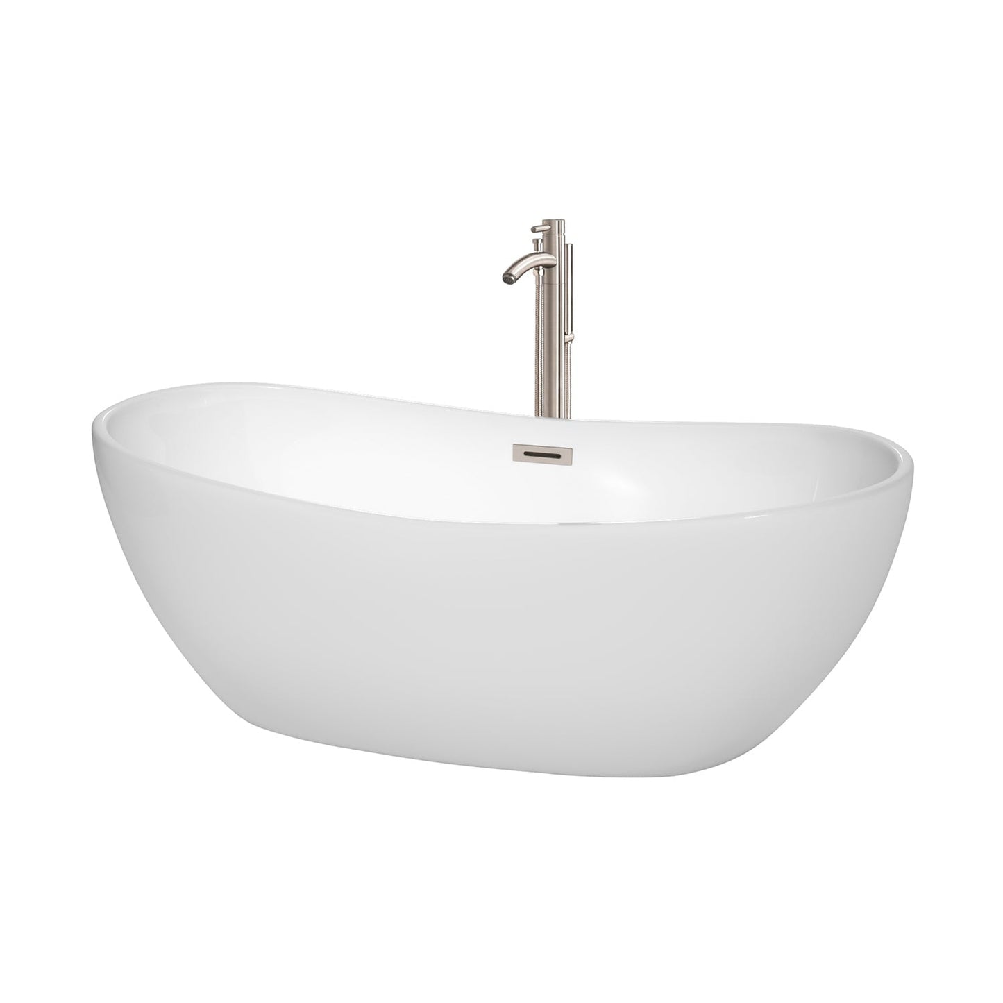 Wyndham Collection Rebecca 65" Freestanding Bathtub in White With Floor Mounted Faucet, Drain and Overflow Trim in Brushed Nickel