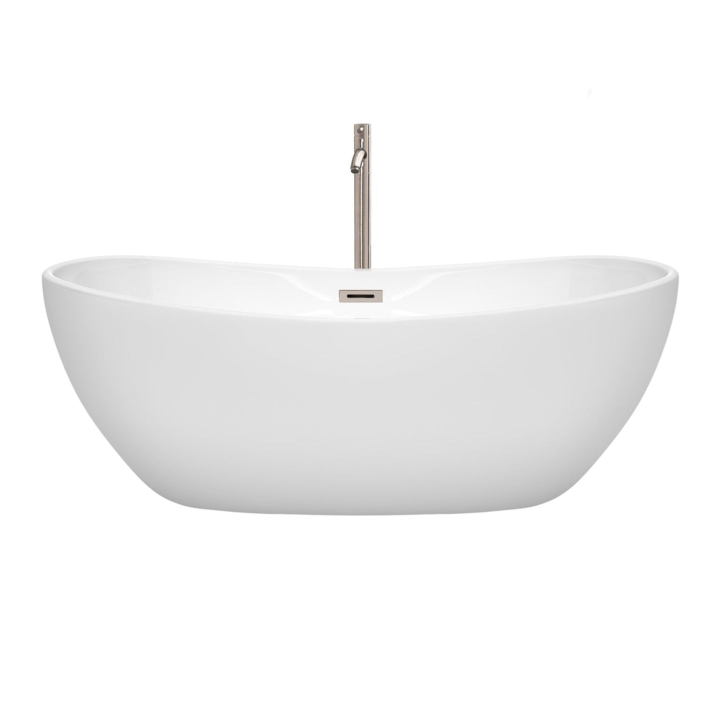 Wyndham Collection Rebecca 65" Freestanding Bathtub in White With Floor Mounted Faucet, Drain and Overflow Trim in Brushed Nickel