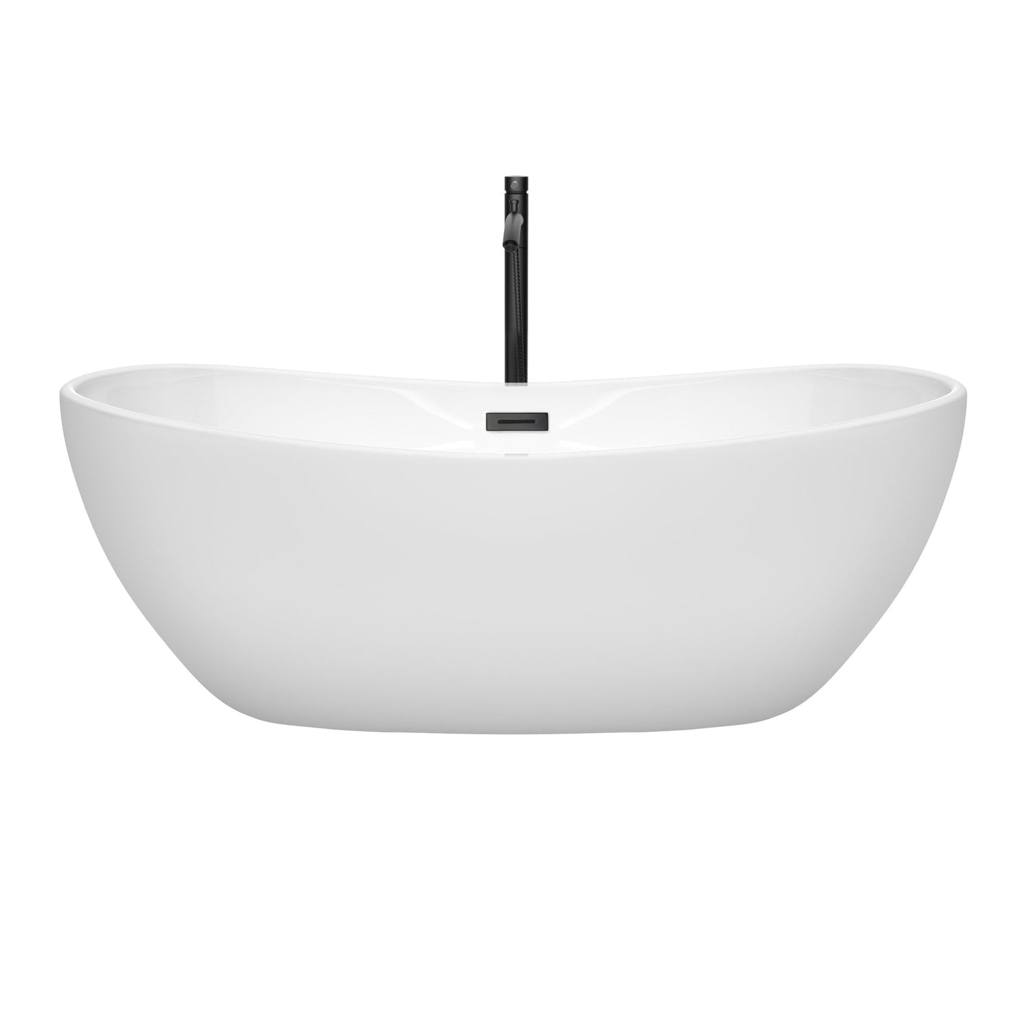 Wyndham Collection Rebecca 65" Freestanding Bathtub in White With Floor Mounted Faucet, Drain and Overflow Trim in Matte Black