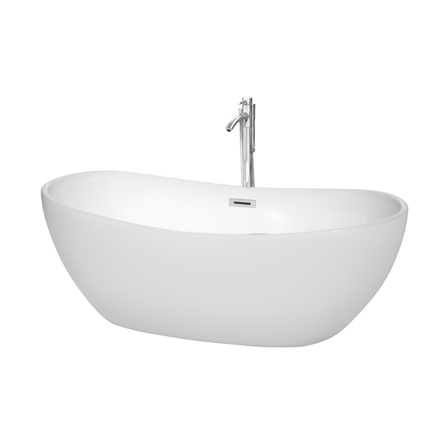 Wyndham Collection Rebecca 65" Freestanding Bathtub in White With Floor Mounted Faucet, Drain and Overflow Trim in Polished Chrome