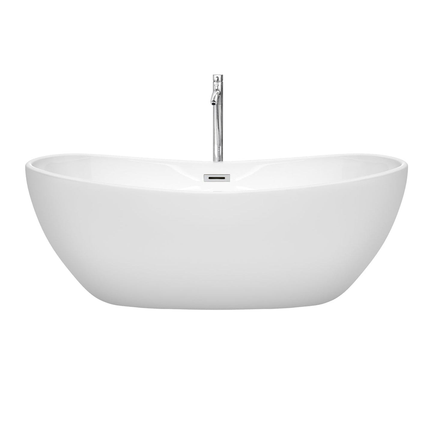 Wyndham Collection Rebecca 65" Freestanding Bathtub in White With Floor Mounted Faucet, Drain and Overflow Trim in Polished Chrome