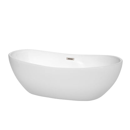 Wyndham Collection Rebecca 70" Freestanding Bathtub in White With Brushed Nickel Drain and Overflow Trim