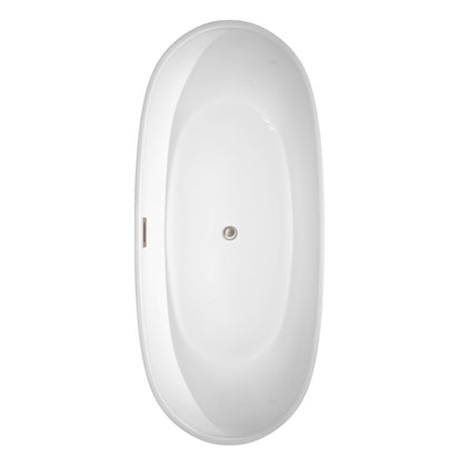 Wyndham Collection Rebecca 70" Freestanding Bathtub in White With Brushed Nickel Drain and Overflow Trim