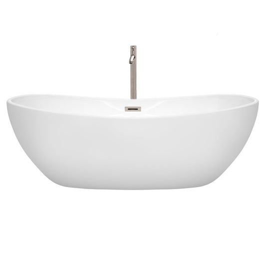 Wyndham Collection Rebecca 70" Freestanding Bathtub in White With Floor Mounted Faucet, Drain and Overflow Trim in Brushed Nickel