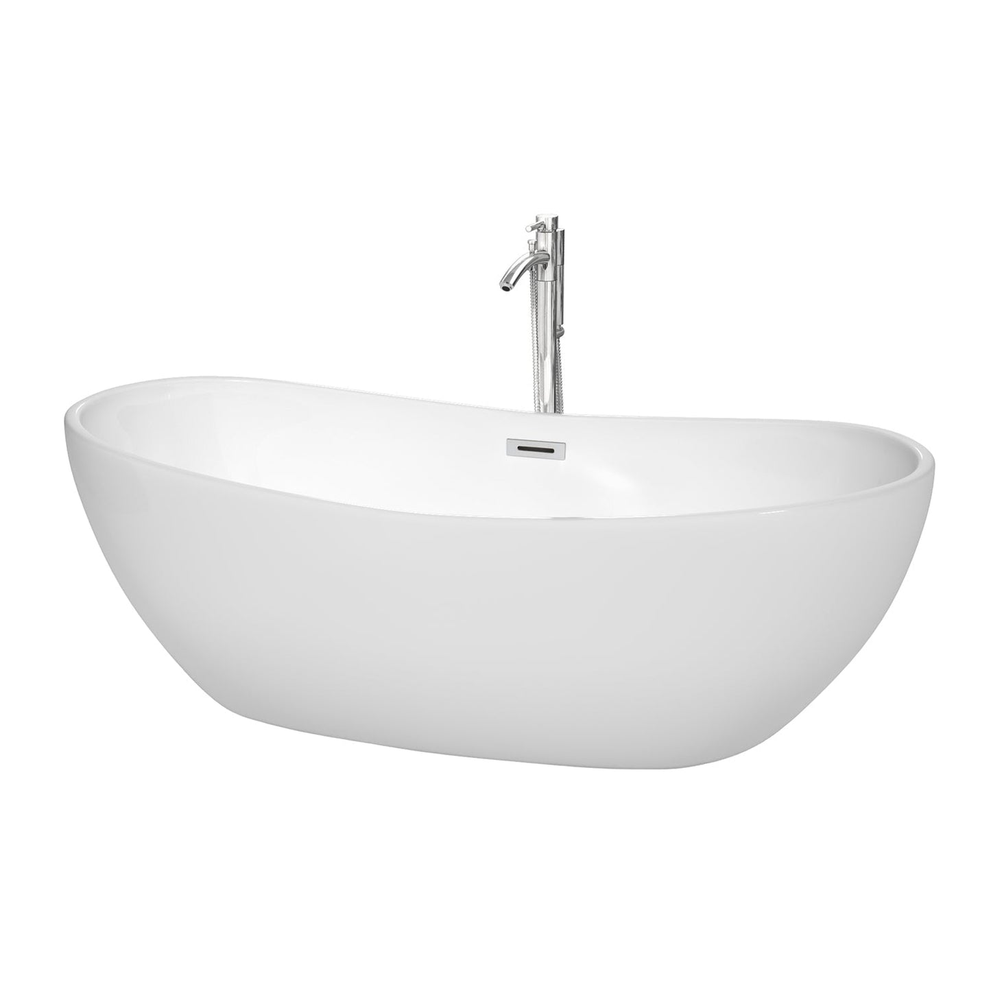 Wyndham Collection Rebecca 70" Freestanding Bathtub in White With Floor Mounted Faucet, Drain and Overflow Trim in Polished Chrome