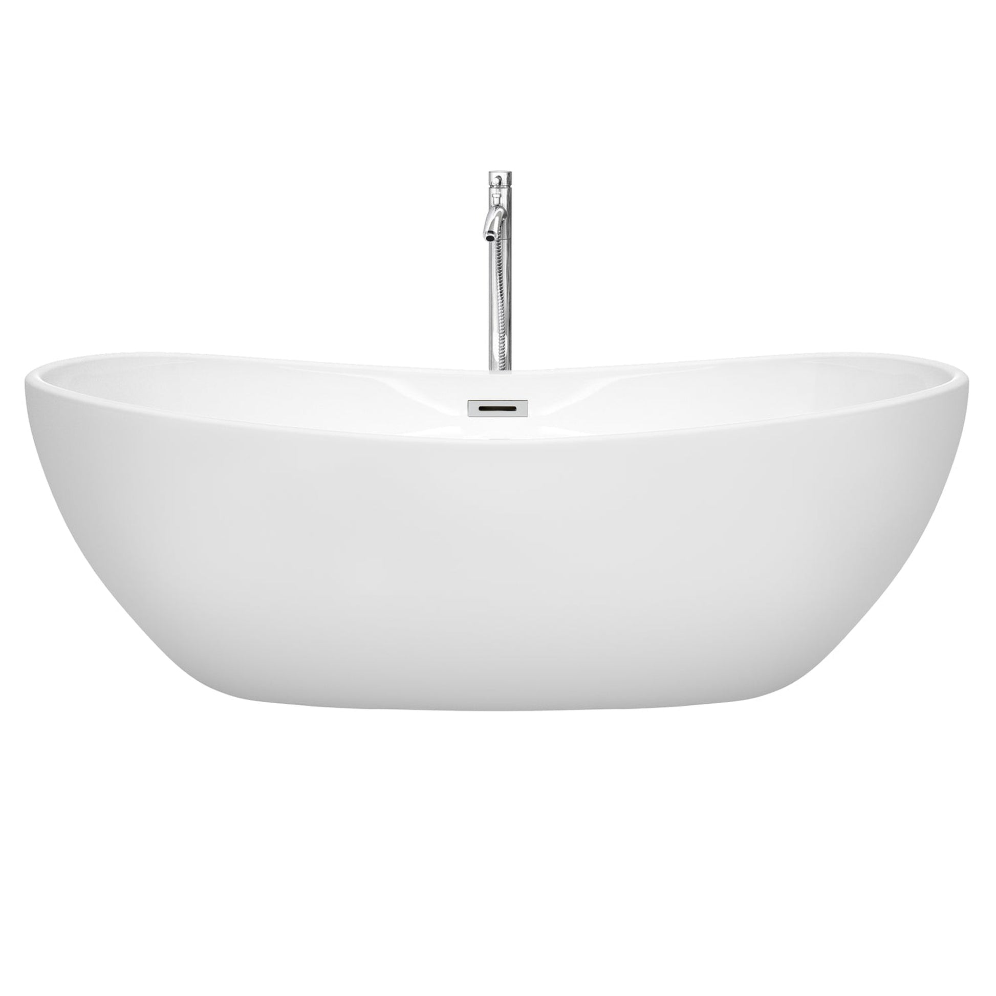 Wyndham Collection Rebecca 70" Freestanding Bathtub in White With Floor Mounted Faucet, Drain and Overflow Trim in Polished Chrome