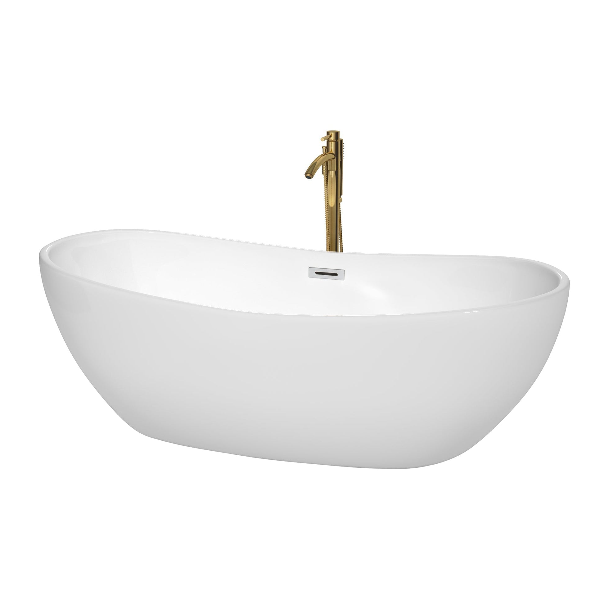 Wyndham Collection Rebecca 70" Freestanding Bathtub in White With Polished Chrome Trim and Floor Mounted Faucet in Brushed Gold