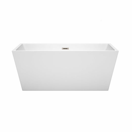 Wyndham Collection Sara 59" Freestanding Bathtub in White With Brushed Nickel Drain and Overflow Trim