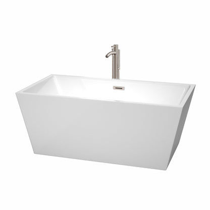 Wyndham Collection Sara 59" Freestanding Bathtub in White With Floor Mounted Faucet, Drain and Overflow Trim in Brushed Nickel