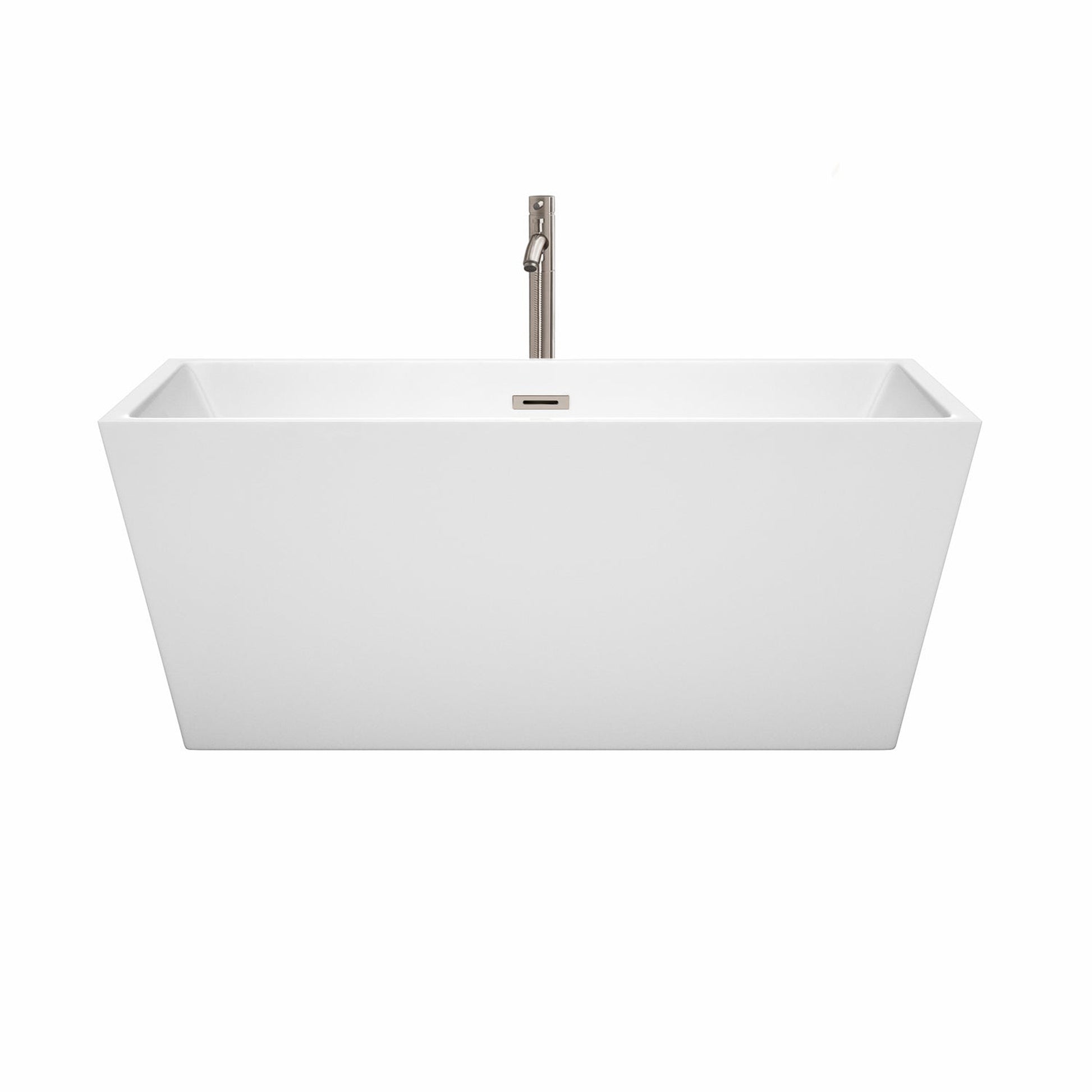 Wyndham Collection Sara 59" Freestanding Bathtub in White With Floor Mounted Faucet, Drain and Overflow Trim in Brushed Nickel