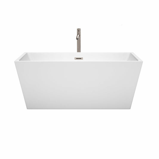 Wyndham Collection Sara 59" Freestanding Bathtub in White With Floor Mounted Faucet, Drain and Overflow Trim in Brushed Nickel