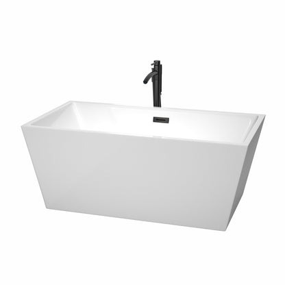 Wyndham Collection Sara 59" Freestanding Bathtub in White With Floor Mounted Faucet, Drain and Overflow Trim in Matte Black