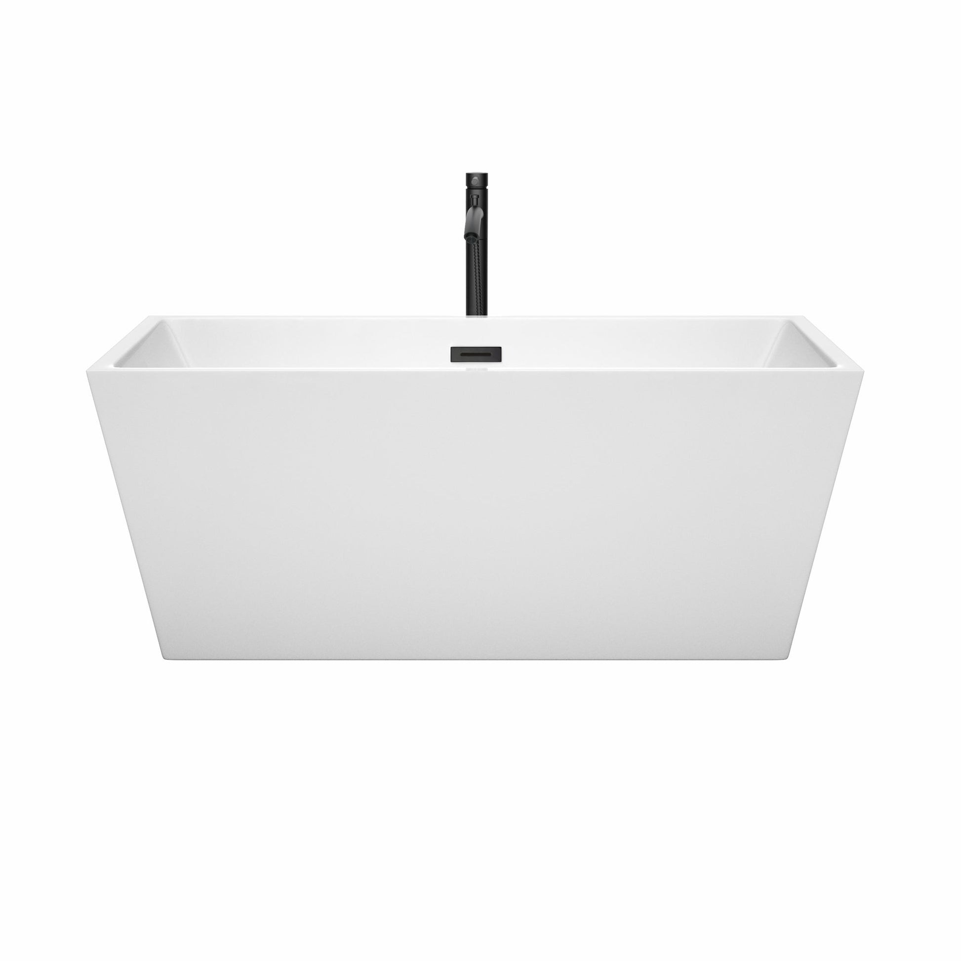 Wyndham Collection Sara 59" Freestanding Bathtub in White With Floor Mounted Faucet, Drain and Overflow Trim in Matte Black