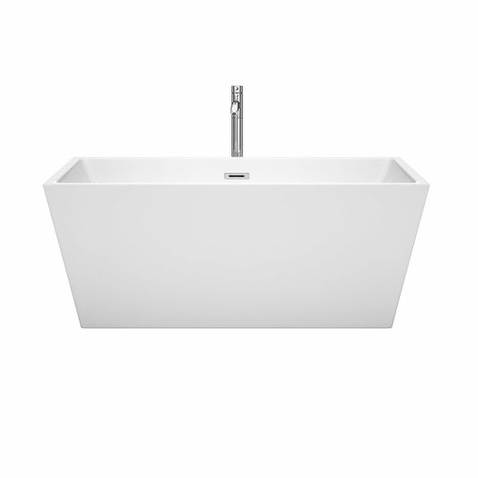 Wyndham Collection Sara 59" Freestanding Bathtub in White With Floor Mounted Faucet, Drain and Overflow Trim in Polished Chrome