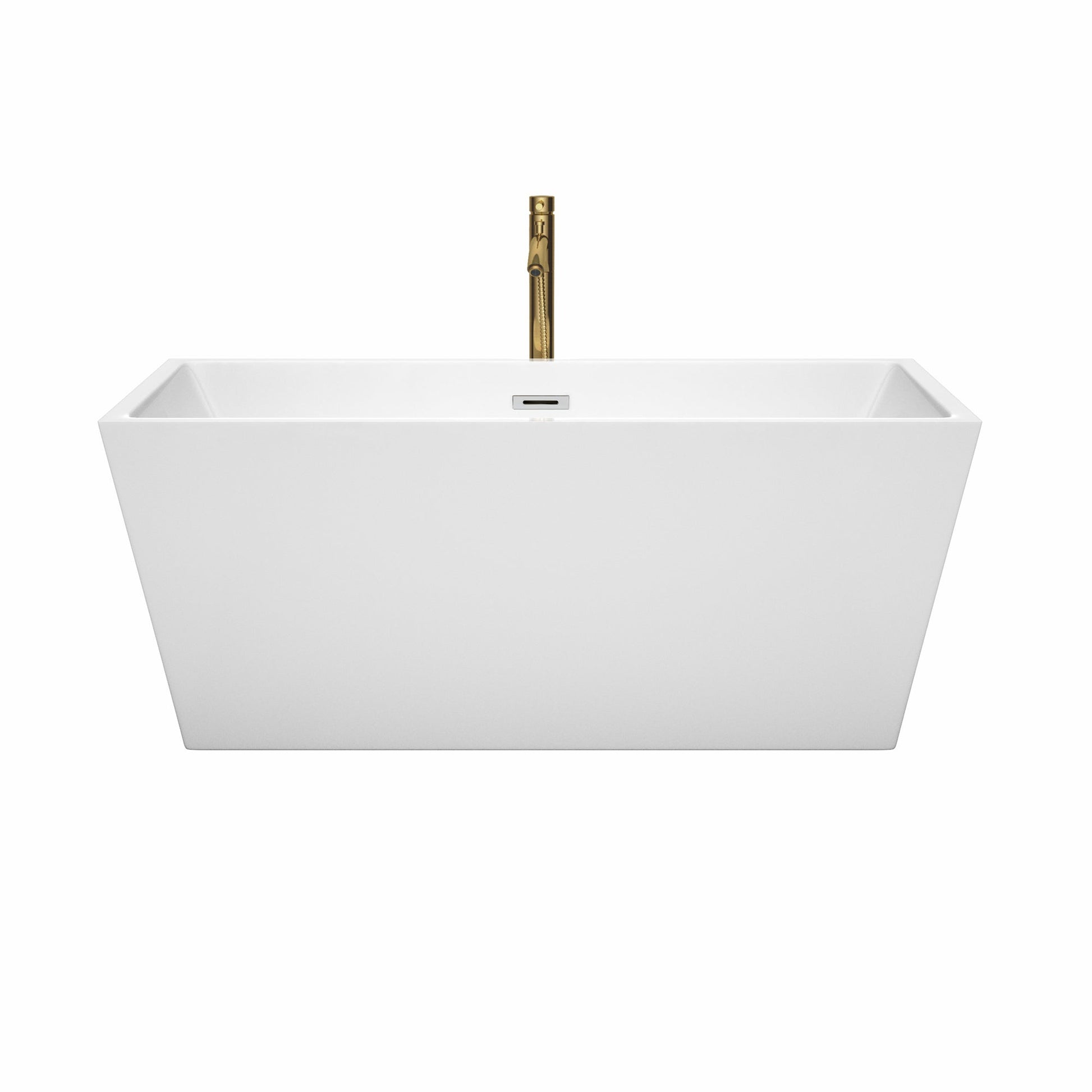 Wyndham Collection Sara 59" Freestanding Bathtub in White With Polished Chrome Trim and Floor Mounted Faucet in Brushed Gold