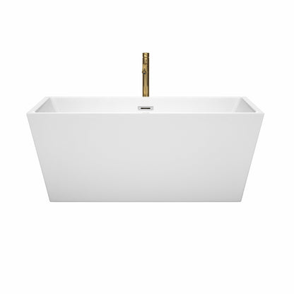 Wyndham Collection Sara 59" Freestanding Bathtub in White With Polished Chrome Trim and Floor Mounted Faucet in Brushed Gold