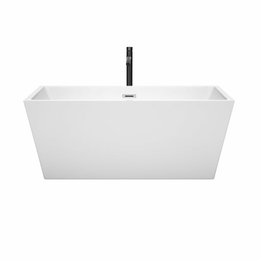 Wyndham Collection Sara 59" Freestanding Bathtub in White With Polished Chrome Trim and Floor Mounted Faucet in Matte Black