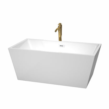 Wyndham Collection Sara 59" Freestanding Bathtub in White With Shiny White Trim and Floor Mounted Faucet in Brushed Gold