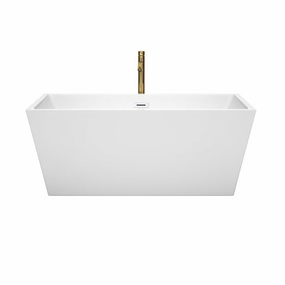 Wyndham Collection Sara 59" Freestanding Bathtub in White With Shiny White Trim and Floor Mounted Faucet in Brushed Gold