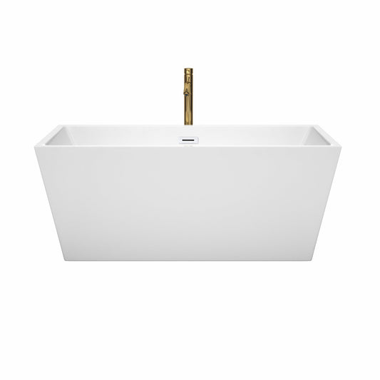 Wyndham Collection Sara 59" Freestanding Bathtub in White With Shiny White Trim and Floor Mounted Faucet in Brushed Gold