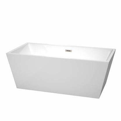 Wyndham Collection Sara 63" Freestanding Bathtub in White With Brushed Nickel Drain and Overflow Trim