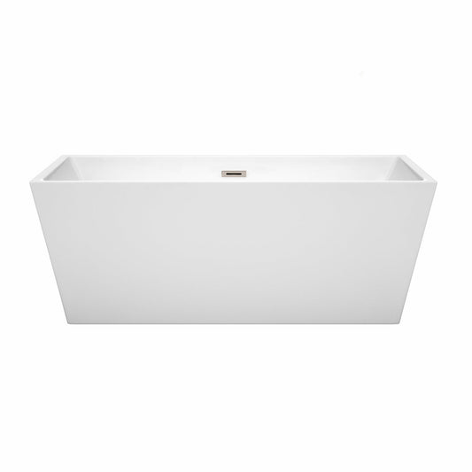 Wyndham Collection Sara 63" Freestanding Bathtub in White With Brushed Nickel Drain and Overflow Trim