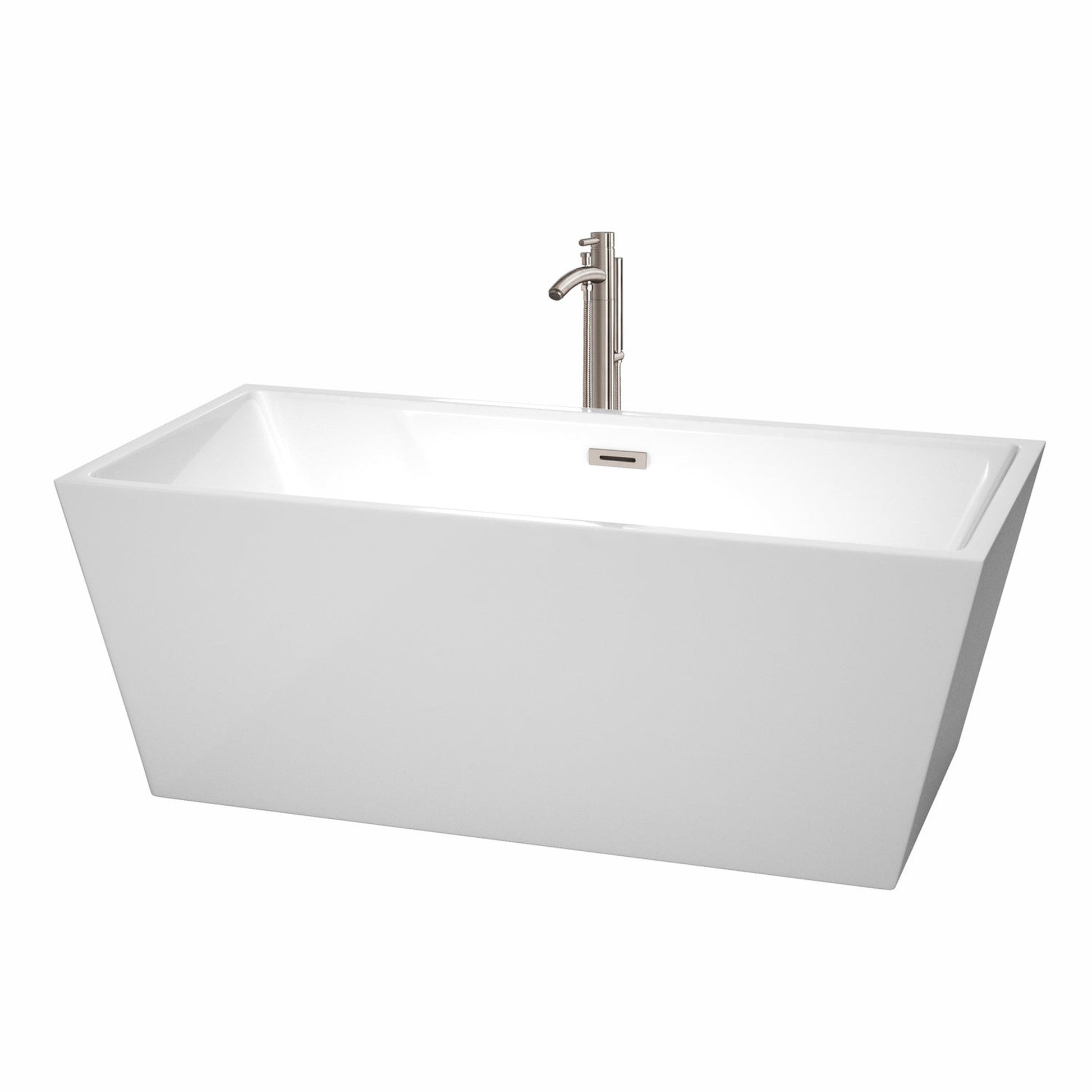 Wyndham Collection Sara 63" Freestanding Bathtub in White With Floor Mounted Faucet, Drain and Overflow Trim in Brushed Nickel