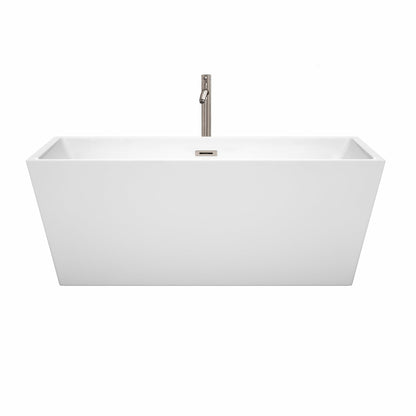 Wyndham Collection Sara 63" Freestanding Bathtub in White With Floor Mounted Faucet, Drain and Overflow Trim in Brushed Nickel