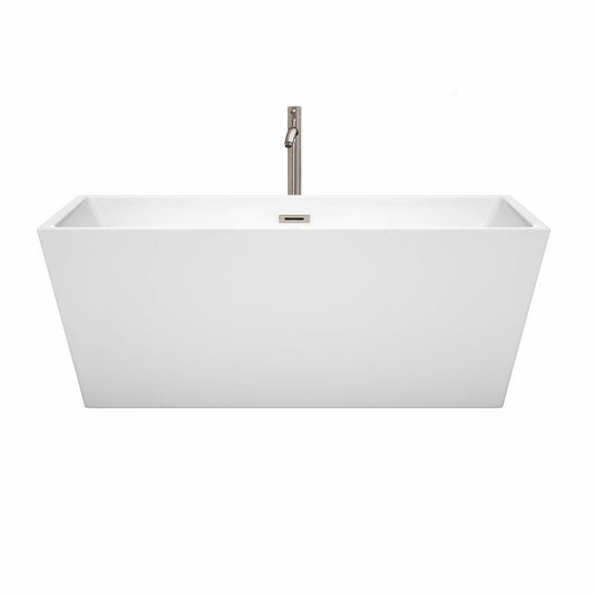 Wyndham Collection Sara 63" Freestanding Bathtub in White With Floor Mounted Faucet, Drain and Overflow Trim in Brushed Nickel