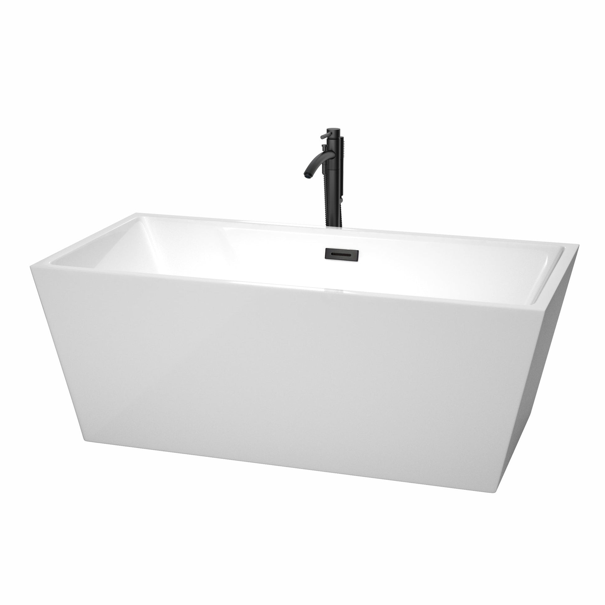 Wyndham Collection Sara 63" Freestanding Bathtub in White With Floor Mounted Faucet, Drain and Overflow Trim in Matte Black