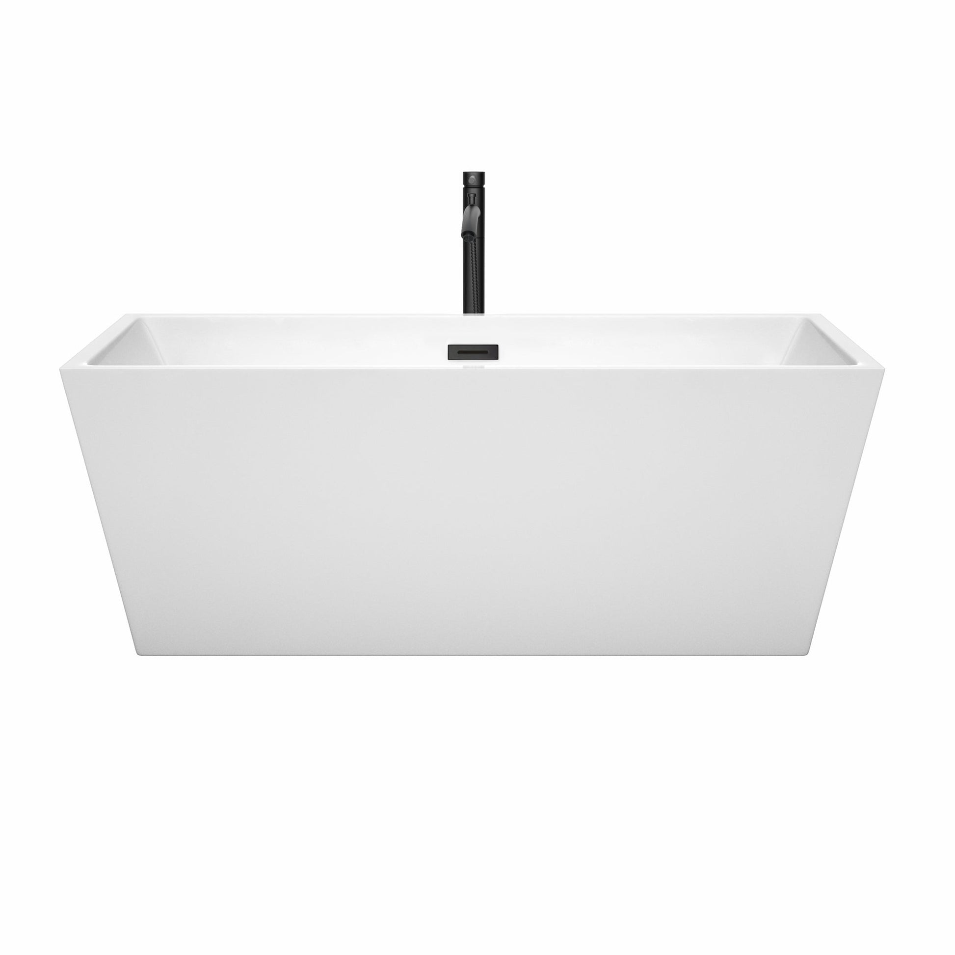 Wyndham Collection Sara 63" Freestanding Bathtub in White With Floor Mounted Faucet, Drain and Overflow Trim in Matte Black