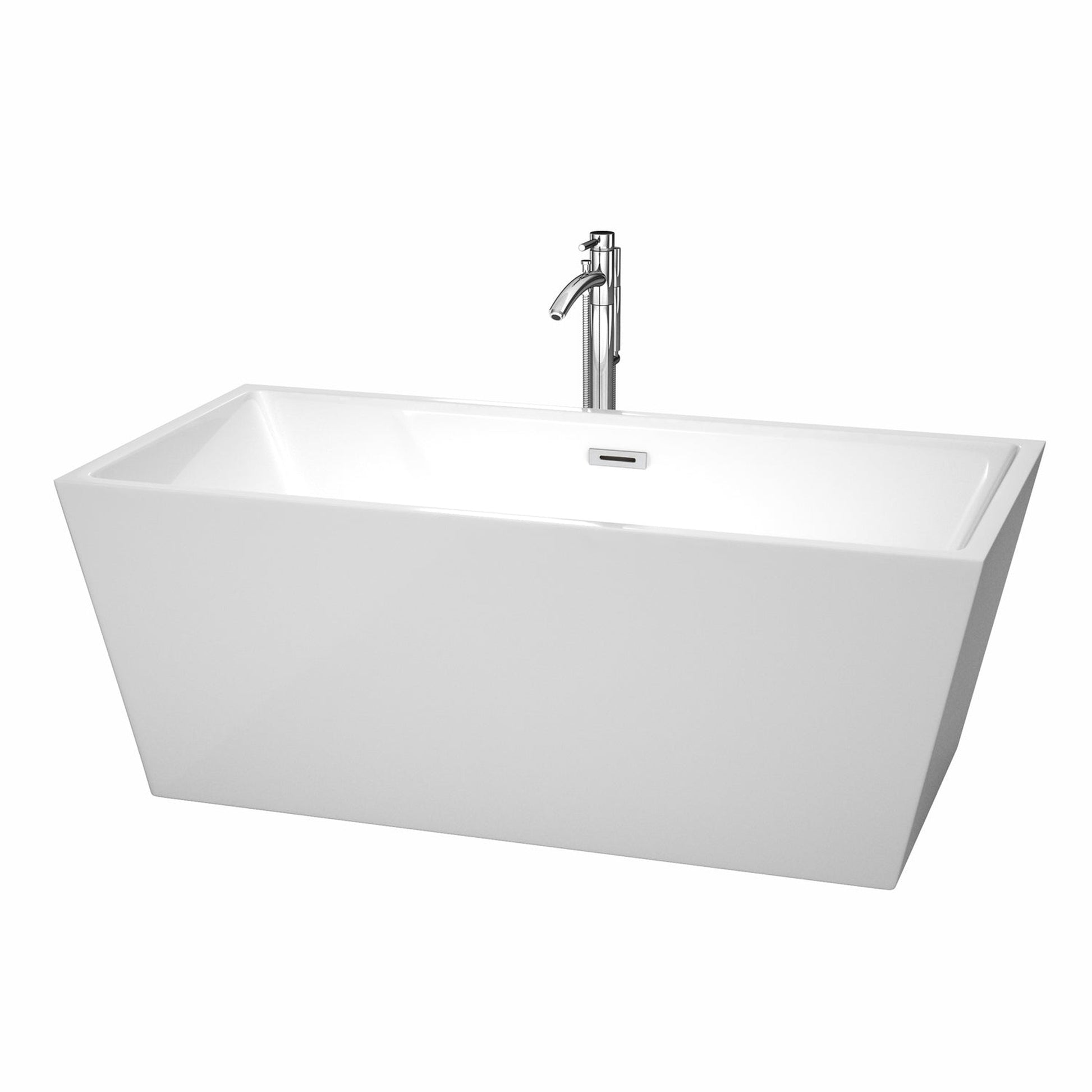 Wyndham Collection Sara 63" Freestanding Bathtub in White With Floor Mounted Faucet, Drain and Overflow Trim in Polished Chrome