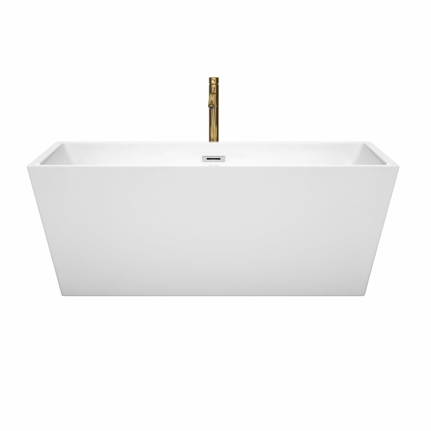 Wyndham Collection Sara 63" Freestanding Bathtub in White With Polished Chrome Trim and Floor Mounted Faucet in Brushed Gold