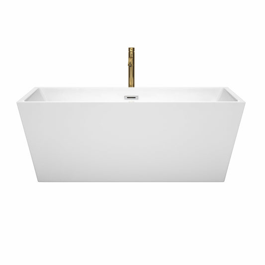 Wyndham Collection Sara 63" Freestanding Bathtub in White With Polished Chrome Trim and Floor Mounted Faucet in Brushed Gold