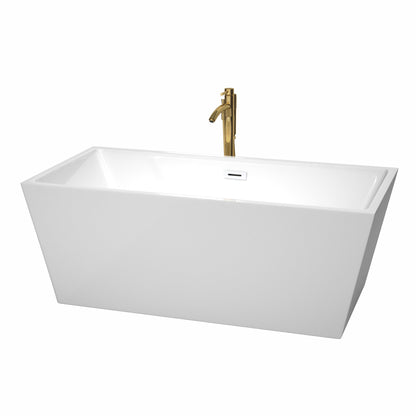 Wyndham Collection Sara 63" Freestanding Bathtub in White With Shiny White Trim and Floor Mounted Faucet in Brushed Gold