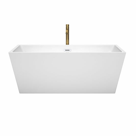 Wyndham Collection Sara 63" Freestanding Bathtub in White With Shiny White Trim and Floor Mounted Faucet in Brushed Gold