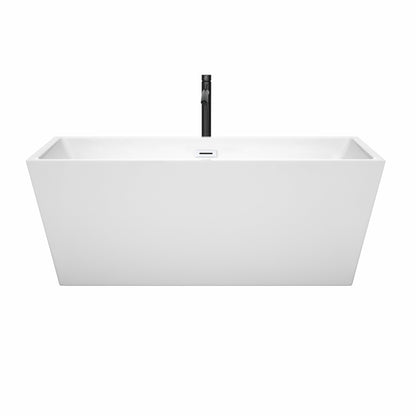 Wyndham Collection Sara 63" Freestanding Bathtub in White With Shiny White Trim and Floor Mounted Faucet in Matte Black