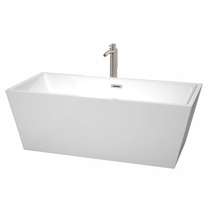 Wyndham Collection Sara 67" Freestanding Bathtub in White With Floor Mounted Faucet, Drain and Overflow Trim in Brushed Nickel